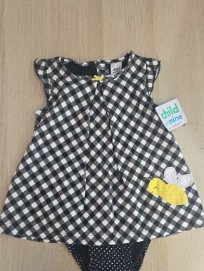 Child of Mine Black & White Gingham Dress with Yellow Bee Appliqué